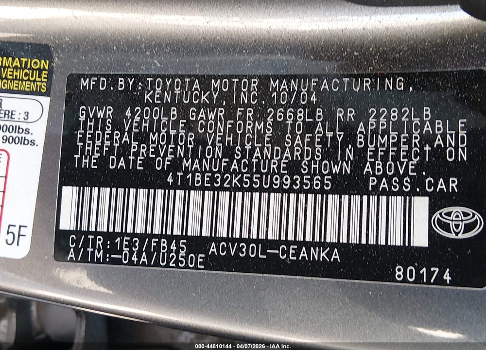 2005 TOYOTA CAMRY LE VIN: 4T1BE32K55U993565