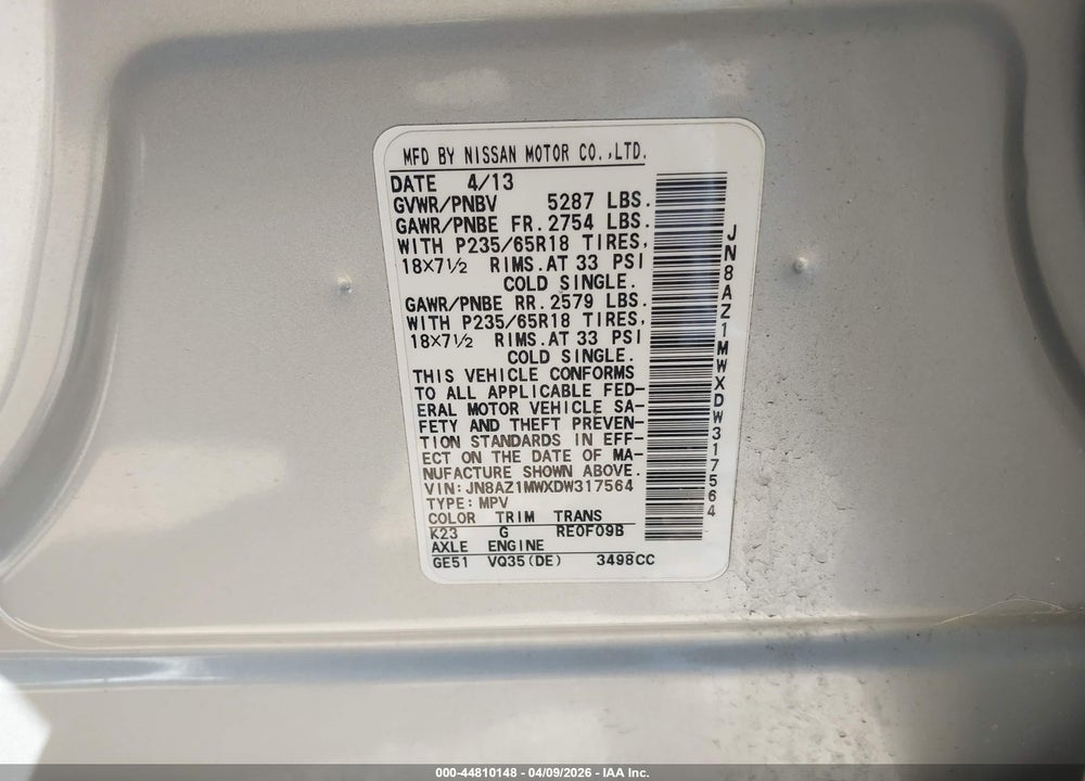 2013 NISSAN MURANO SV VIN: JN8AZ1MWXDW317564