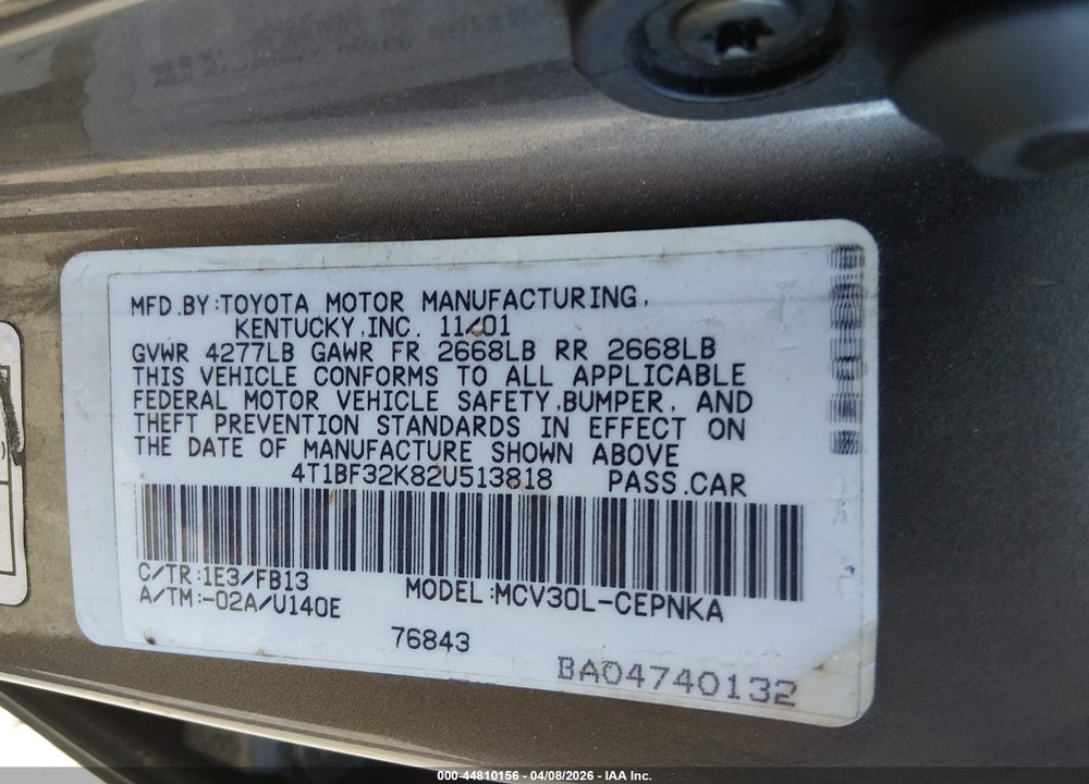 2002 TOYOTA CAMRY LE V6 VIN: 4T1BF32K82U513818