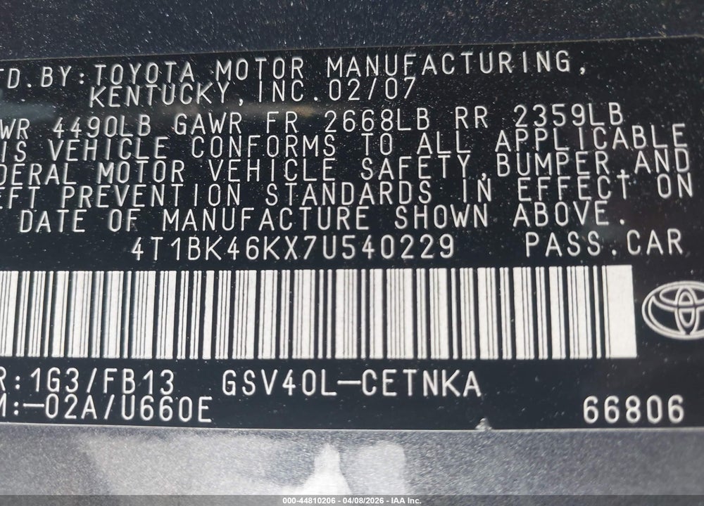 2007 TOYOTA CAMRY LE V6 VIN: 4T1BK46KX7U540229