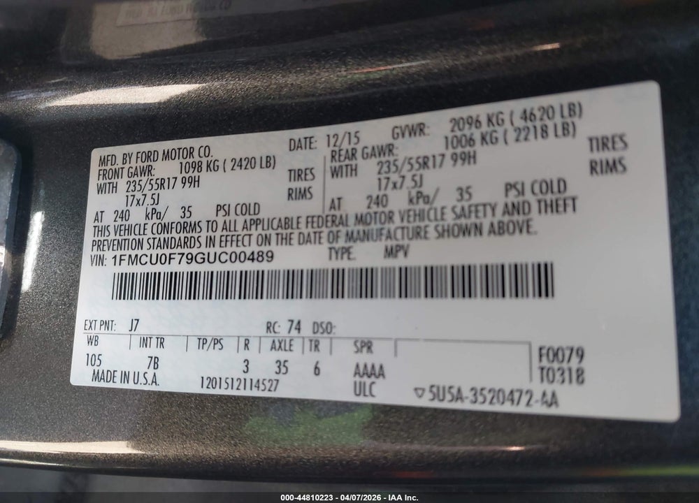 2016 FORD ESCAPE S VIN: 1FMCU0F79GUC00489