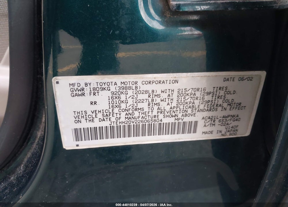 2002 TOYOTA RAV4 VIN: JTEHH20V226065804