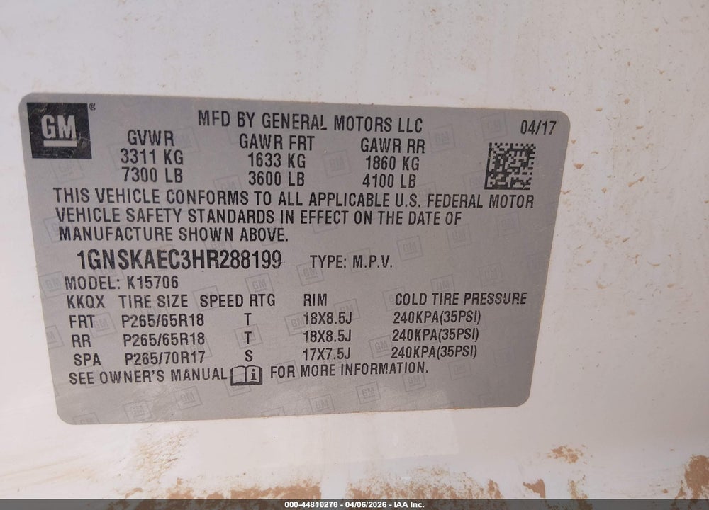2017 CHEVROLET TAHOE LS VIN: 1GNSKAEC3HR288199