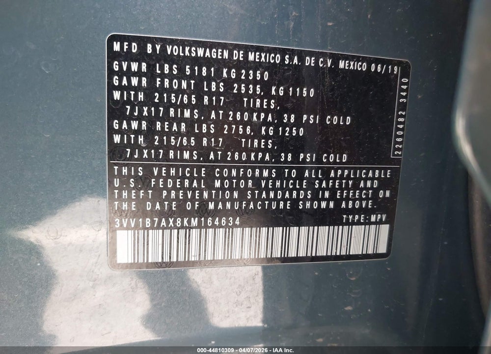 2019 VOLKSWAGEN TIGUAN 2.0T S VIN: 3VV1B7AX8KM164634