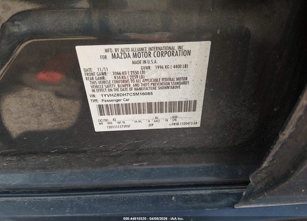 2012 MAZDA 6 I TOURING VIN: 1YVHZ8DH7C5M16085