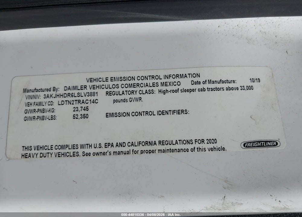2020 FREIGHTLINER NEW CASCADIA 126 VIN: 3AKJHHDR6LSLV3881
