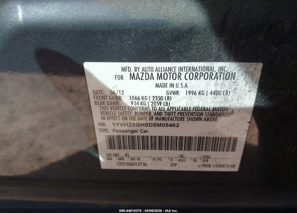 2013 MAZDA 6 I SPORT VIN: 1YVHZ8BH5D5M05462