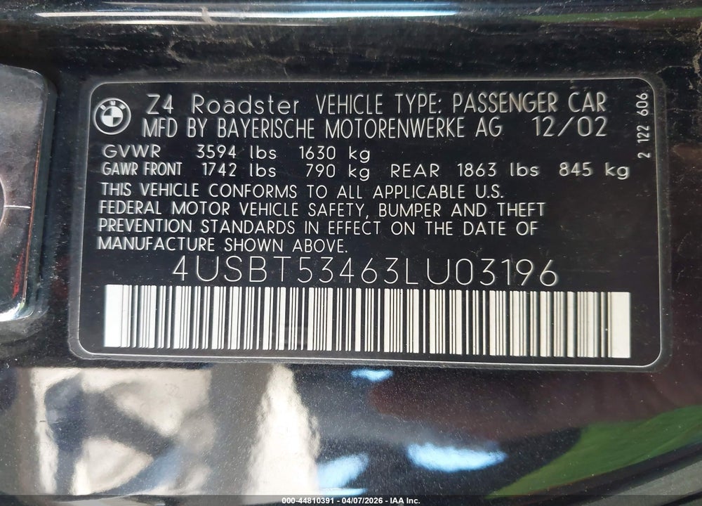 2003 BMW Z4 3.0I VIN: 4USBT53463LU03196