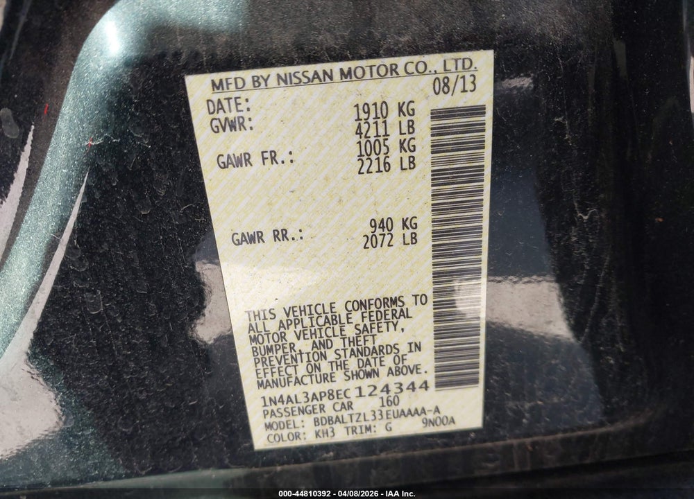 2014 NISSAN ALTIMA 2.5 SV VIN: 1N4AL3AP8EC124344