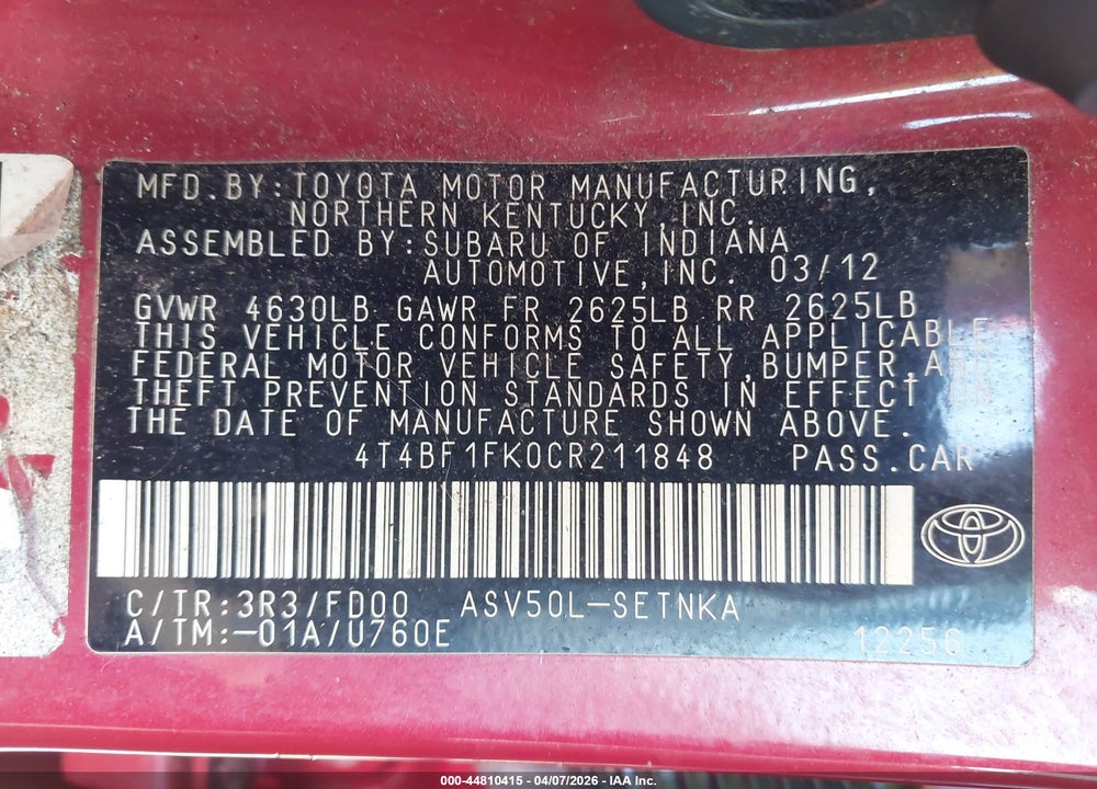 2012 TOYOTA CAMRY LE VIN: 4T4BF1FK0CR211848
