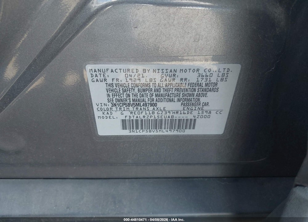 2021 NISSAN KICKS S XTRONIC CVT VIN: 3N1CP5BV5ML497900