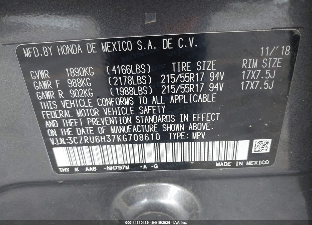 2019 HONDA HR-V LX VIN: 3CZRU6H37KG708610