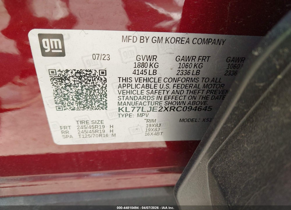 2024 CHEVROLET TRAX FWD 2RS VIN: KL77LJE2XRC094645