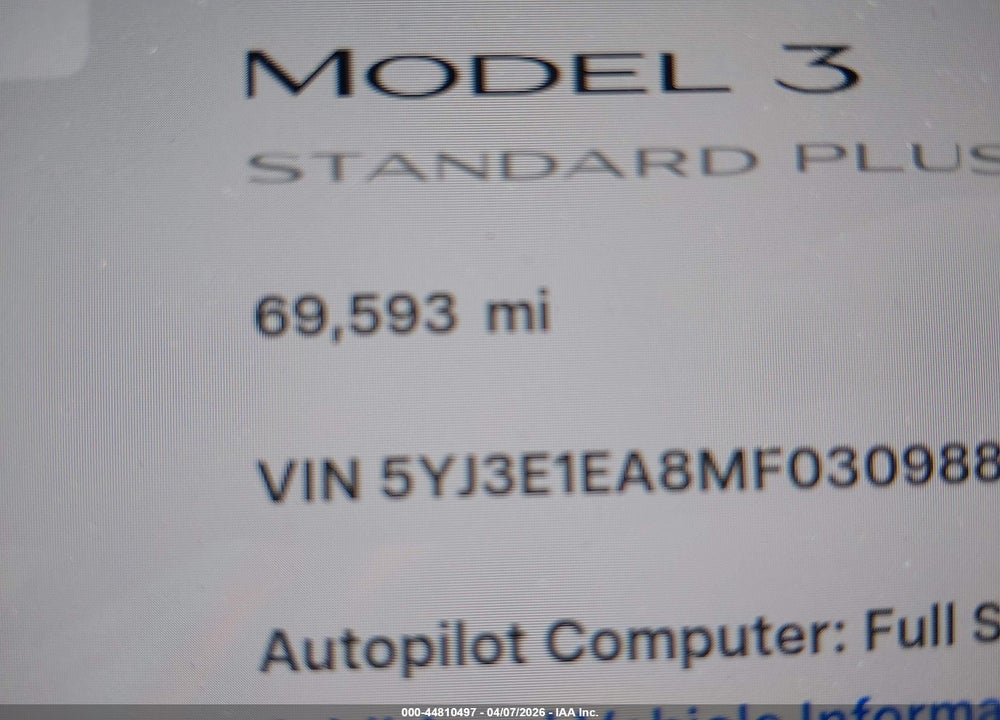 2021 TESLA MODEL 3 STANDARD RANGE PLUS REAR-WHEEL DRIVE VIN: 5YJ3E1EA8MF030988