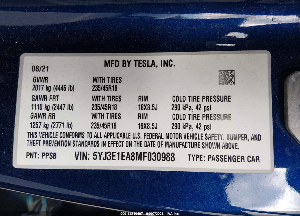 2021 TESLA MODEL 3 STANDARD RANGE PLUS REAR-WHEEL DRIVE VIN: 5YJ3E1EA8MF030988