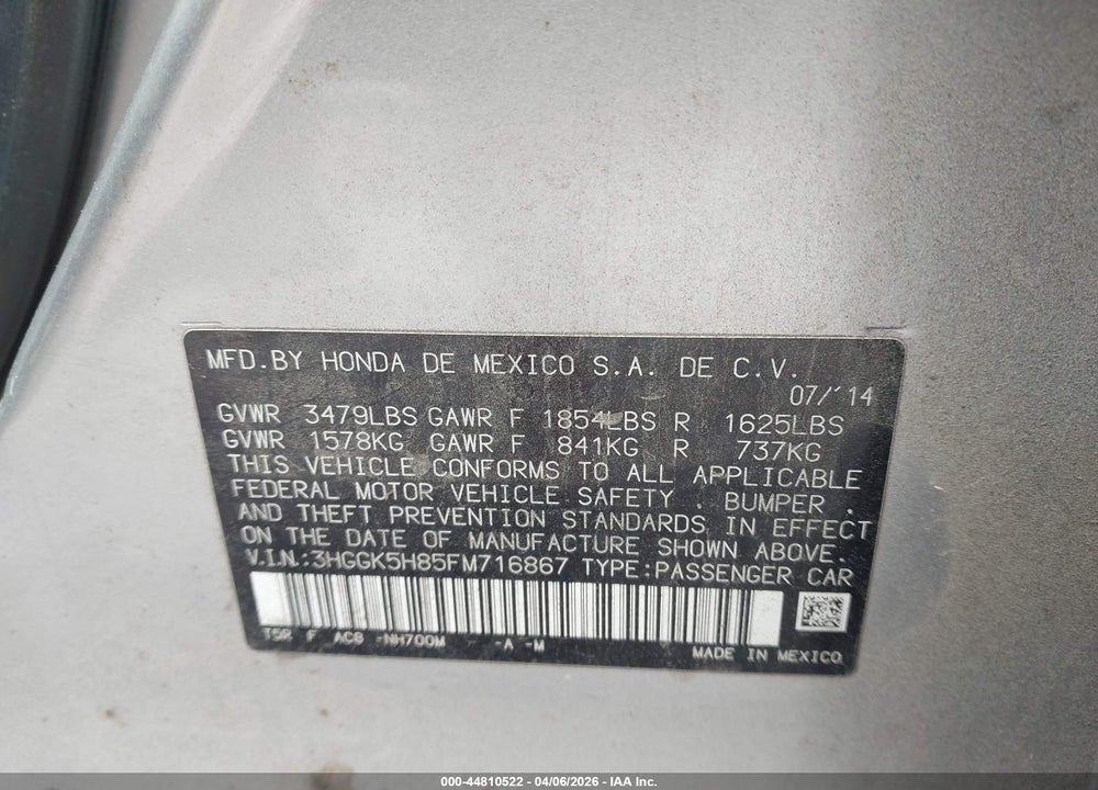 2015 HONDA FIT EX/EX-L VIN: 3HGGK5H85FM716867