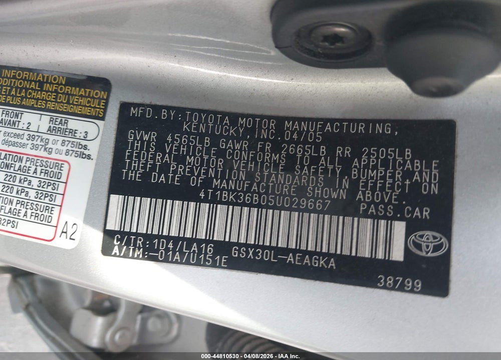 2005 TOYOTA AVALON XLS VIN: 4T1BK36B05U029667