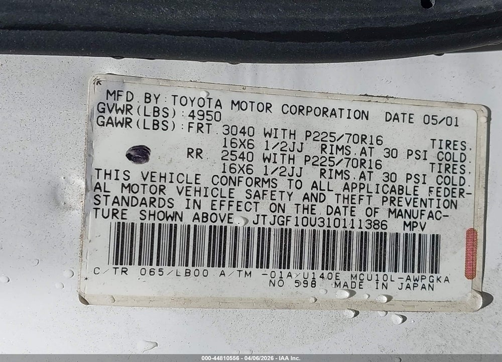 2001 LEXUS RX 300 VIN: JTJGF10U310111386