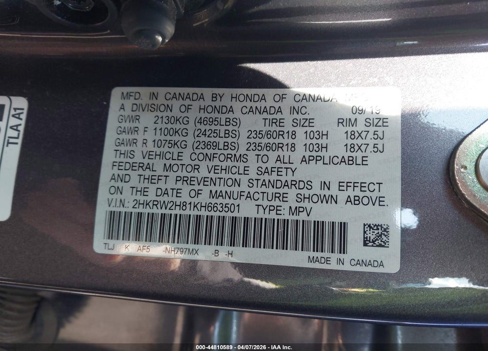 2019 HONDA CR-V EX-L VIN: 2HKRW2H81KH663501