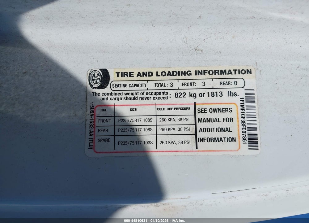 2011 FORD F-150 XL VIN: 1FTMF1CF3BFC07861