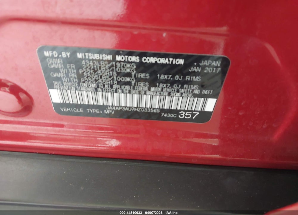 2017 MITSUBISHI OUTLANDER SPORT 2.0 ES/2.0 LE VIN: JA4AP3AU7HZ033565