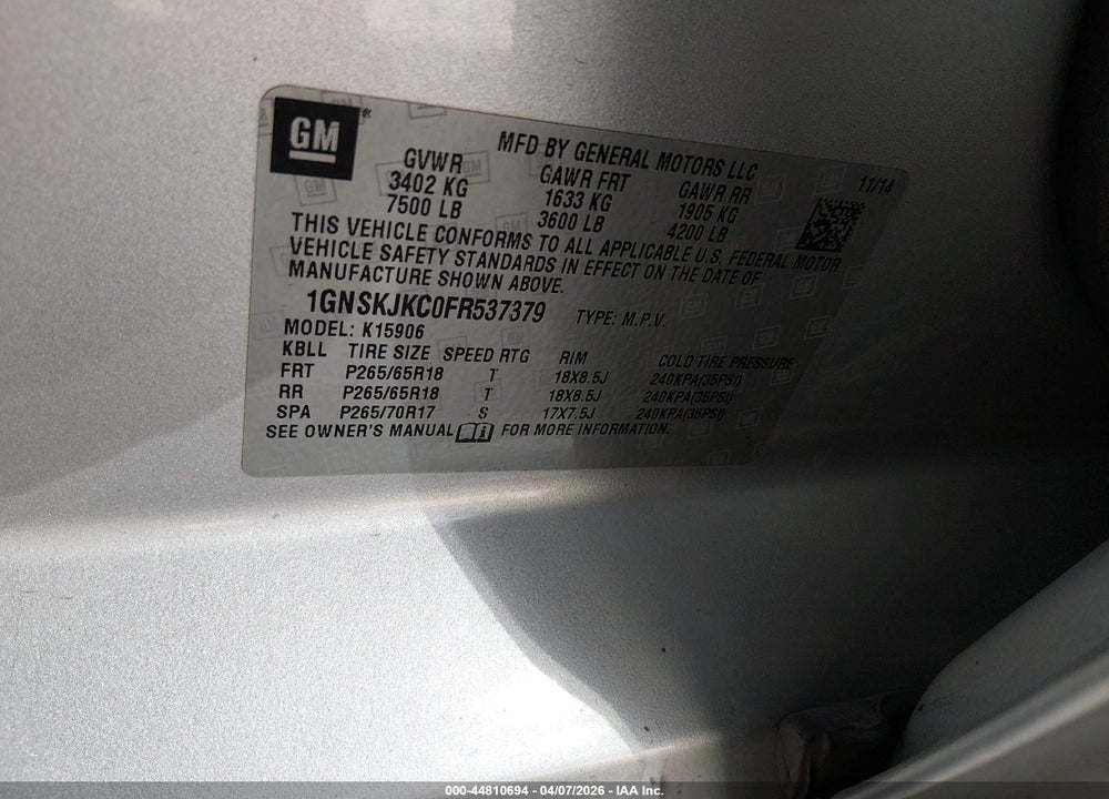 2015 CHEVROLET SUBURBAN 1500 LT VIN: 1GNSKJKC0FR537379
