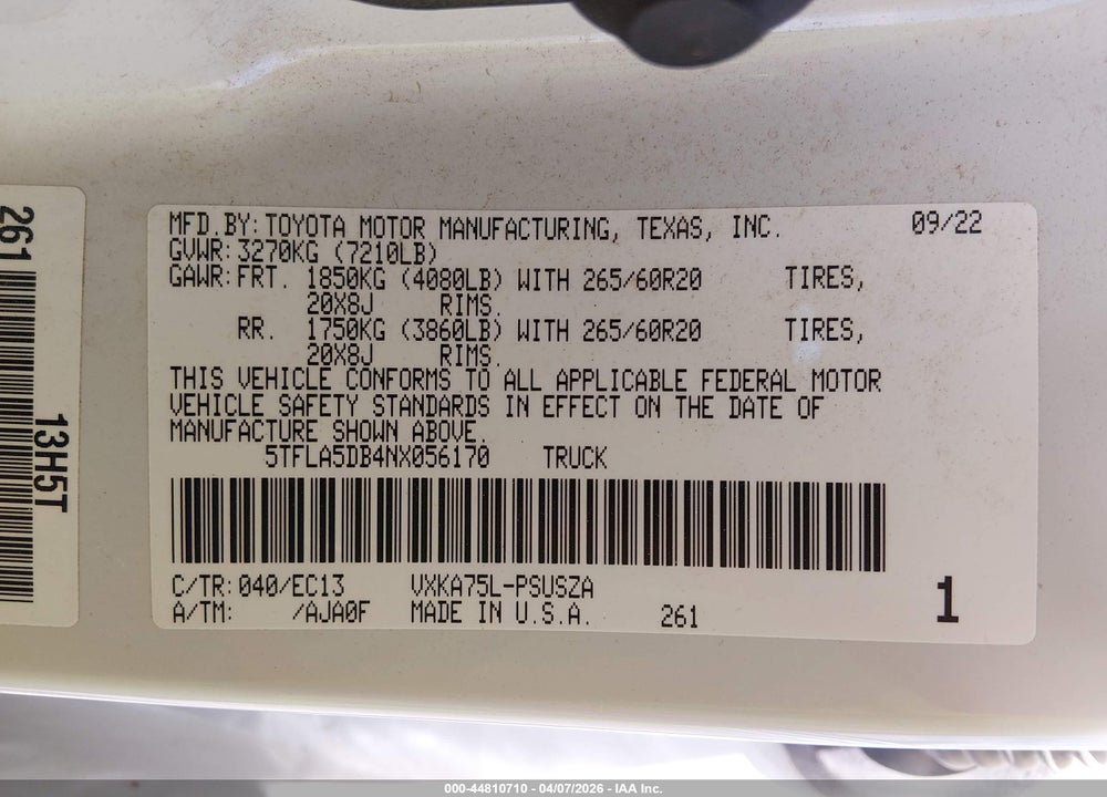 2022 TOYOTA TUNDRA SR5 VIN: 5TFLA5DB4NX056170