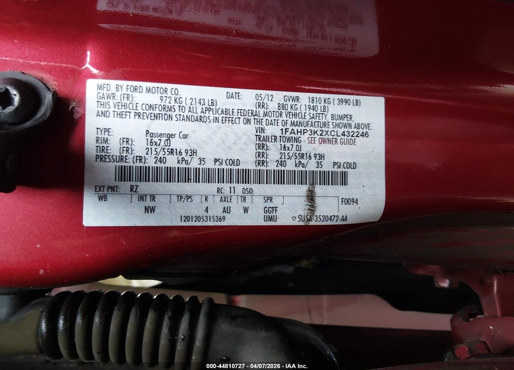 2012 FORD FOCUS SE VIN: 1FAHP3K2XCL432246
