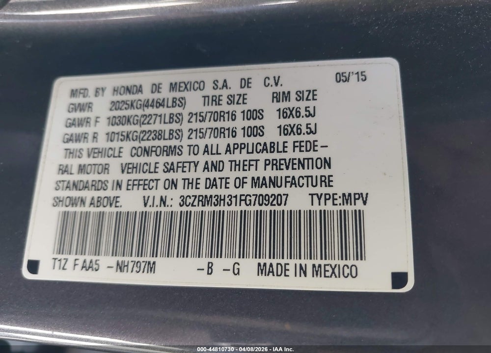 2015 HONDA CR-V LX VIN: 3CZRM3H31FG709207