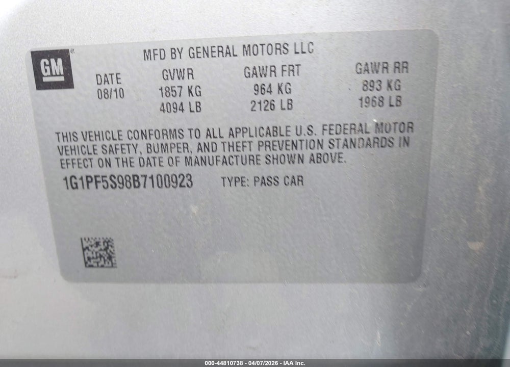 2011 CHEVROLET CRUZE 1LT VIN: 1G1PF5S98B7100923