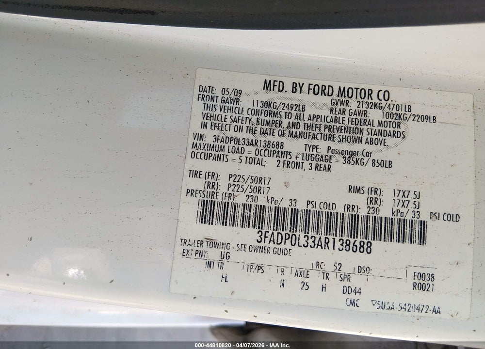 2010 FORD FUSION HYBRID VIN: 3FADP0L33AR138688