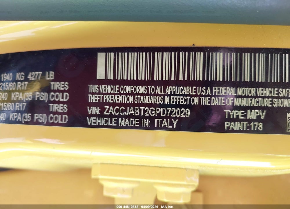 2016 JEEP RENEGADE VIN: ZACCJABT2GPD72029