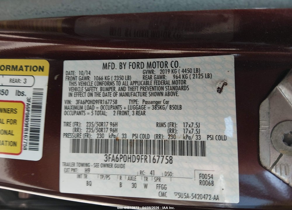 2015 FORD FUSION SE VIN: 3FA6P0HD9FR167758