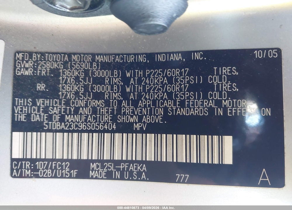 2006 TOYOTA SIENNA LE VIN: 5TDBA23C96S056404