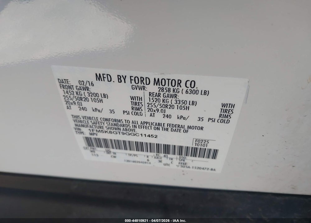2016 FORD EXPLORER SPORT VIN: 1FM5K8GT9GGC11452
