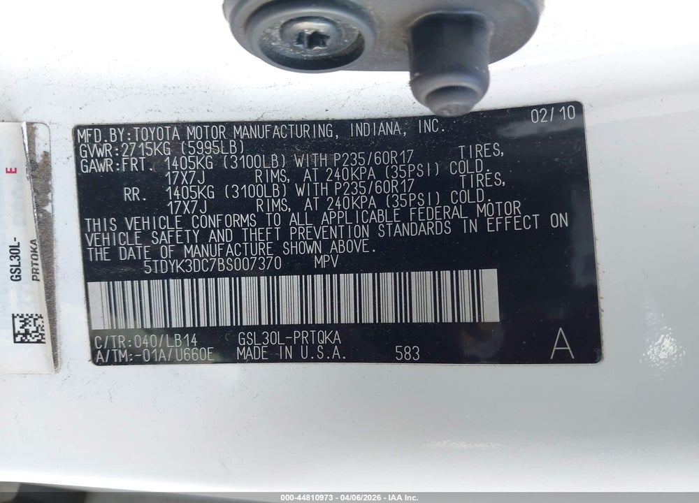2011 TOYOTA SIENNA XLE V6 VIN: 5TDYK3DC7BS007370