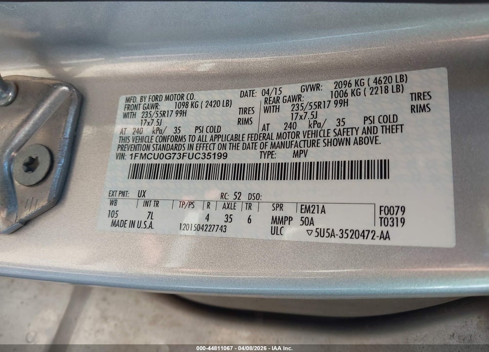 2015 FORD ESCAPE SE VIN: 1FMCU0G73FUC35199
