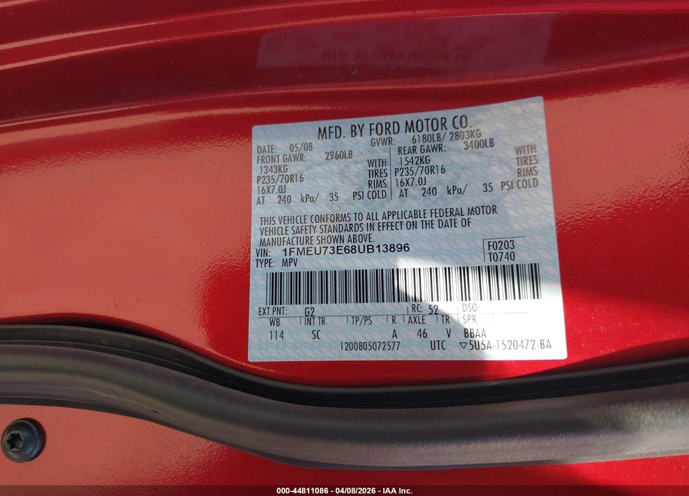 2008 FORD EXPLORER XLT VIN: 1FMEU73E68UB13896