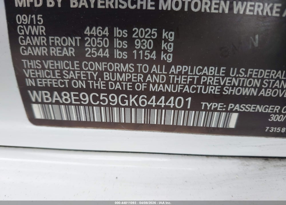 2016 BMW 328I VIN: WBA8E9C59GK644401