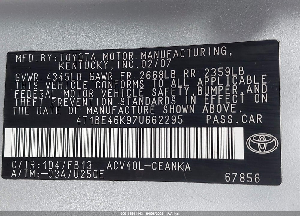 2007 TOYOTA CAMRY LE VIN: 4T1BE46K97U662295