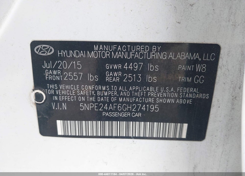 2016 HYUNDAI SONATA SE VIN: 5NPE24AF6GH274195