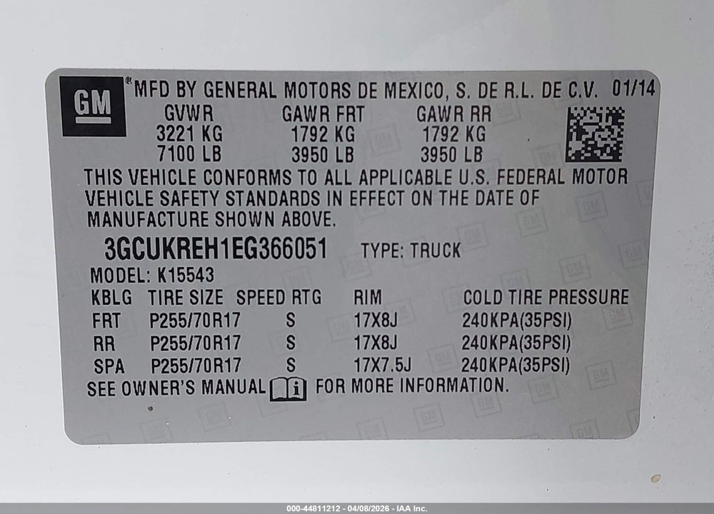2014 CHEVROLET SILVERADO 1500 1LT VIN: 3GCUKREH1EG366051
