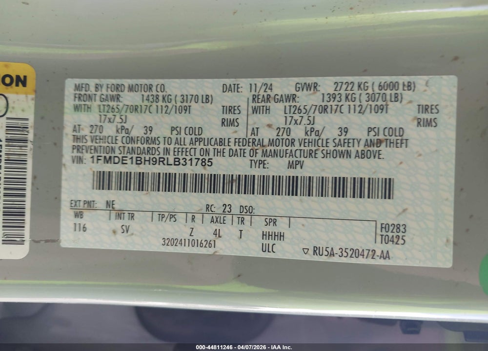 2024 FORD BRONCO BLACK DIAMOND VIN: 1FMDE1BH9RLB31785