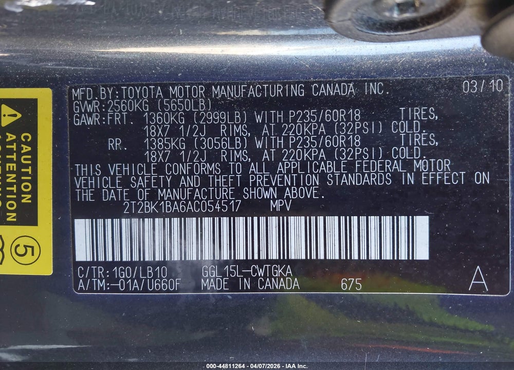 2010 LEXUS RX 350 VIN: 2T2BK1BA6AC054517