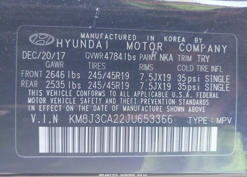 2018 HYUNDAI TUCSON LIMITED VIN: KM8J3CA22JU653366