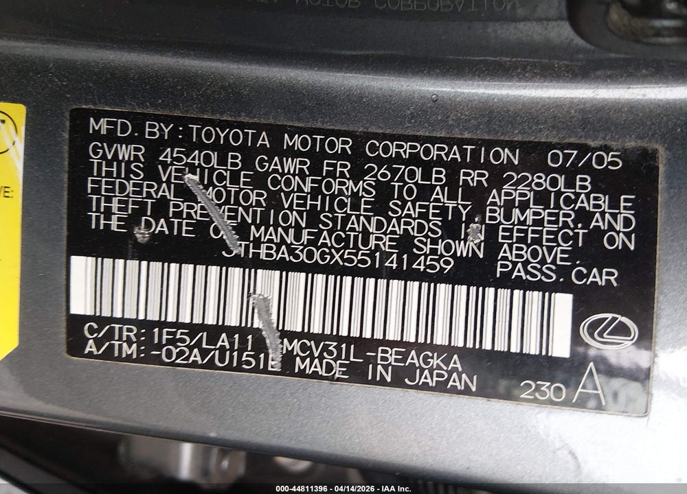 2005 LEXUS ES 330 VIN: JTHBA30GX55141459
