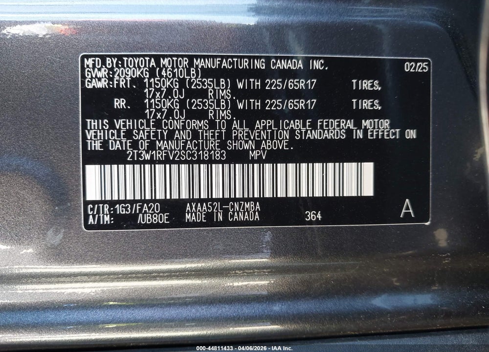 2025 TOYOTA RAV4 VIN: 2T3W1RFV2SC318183