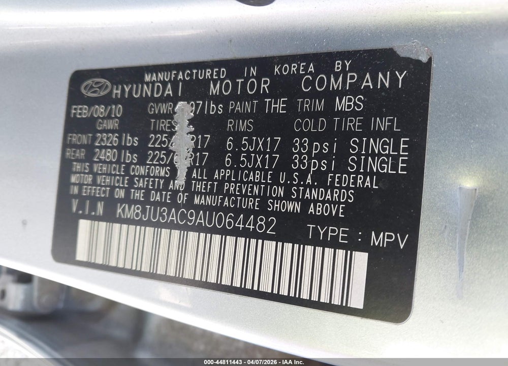 2010 HYUNDAI TUCSON GLS VIN: KM8JU3AC9AU064482