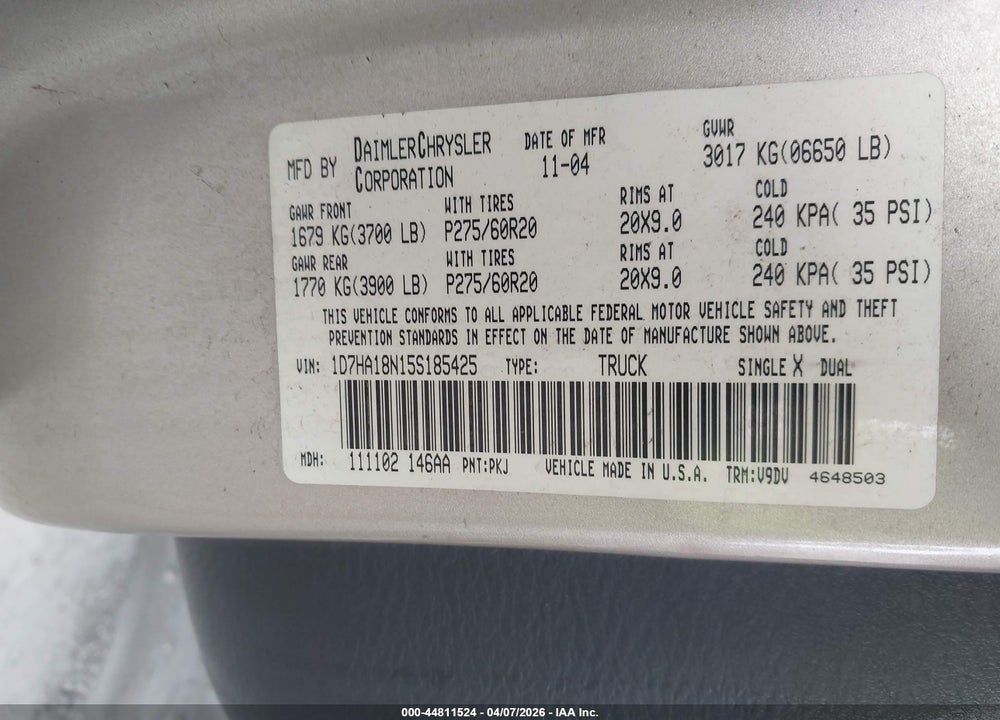 2005 DODGE RAM 1500 SLT/LARAMIE VIN: 1D7HA18N15S185425