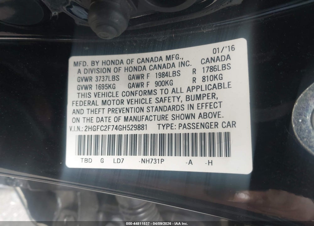 2016 HONDA CIVIC EX VIN: 2HGFC2F74GH529881